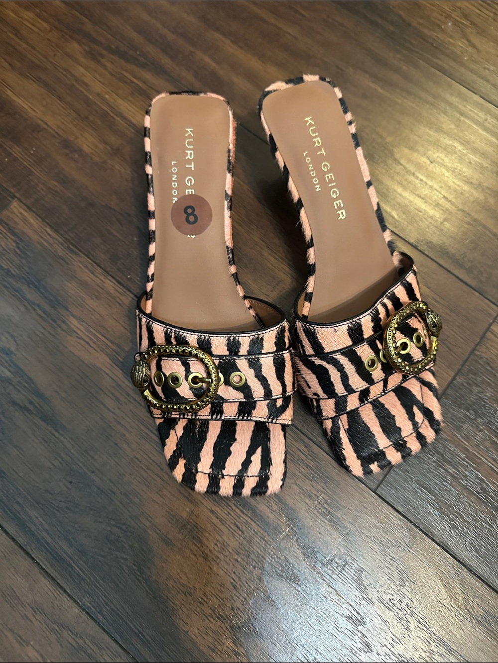 Kurt Geiger Pink and Black Zebra-Print Slide Mules with Decorative Buckle
